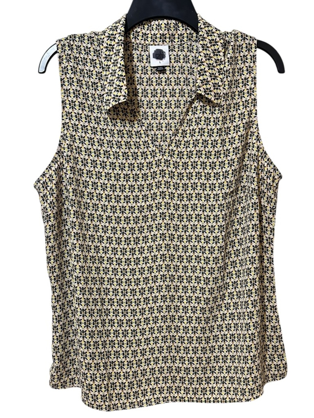 CABI style #6317 Bitmap Top green, tan, black, yellow sleeveless v-neck size LG - Picture 5 of 8
